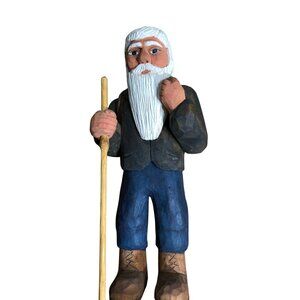 Folk Art Primitive Wood Carving Old Man Hiking Figure Handcrafted Norwegian Styl